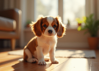 Miniature cavalier king charles chiot assis attentivement en intérieur