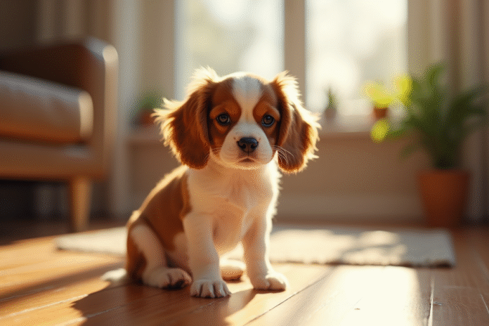 Miniature cavalier king charles chiot assis attentivement en intérieur