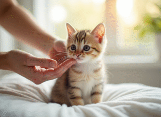 Chaton mignon sur une couverture blanche en lumière naturelle