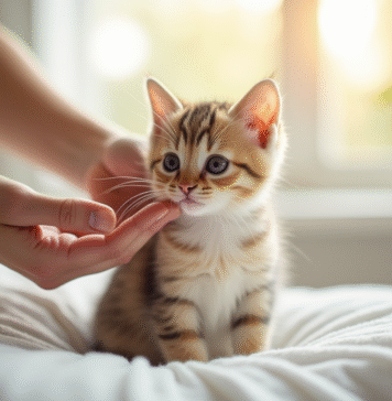 Chaton mignon sur une couverture blanche en lumière naturelle