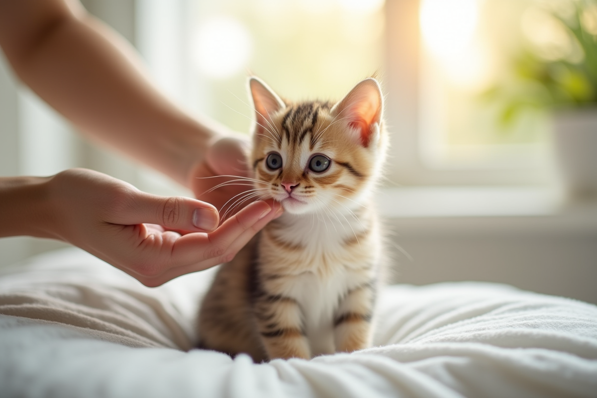 Chaton mignon sur une couverture blanche en lumière naturelle