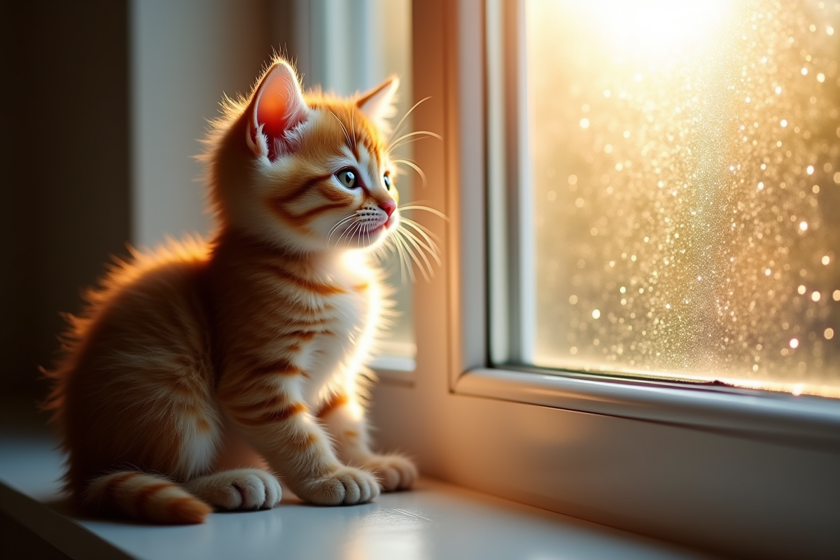 Chaton curieux regardant par la fenetre avec condensation