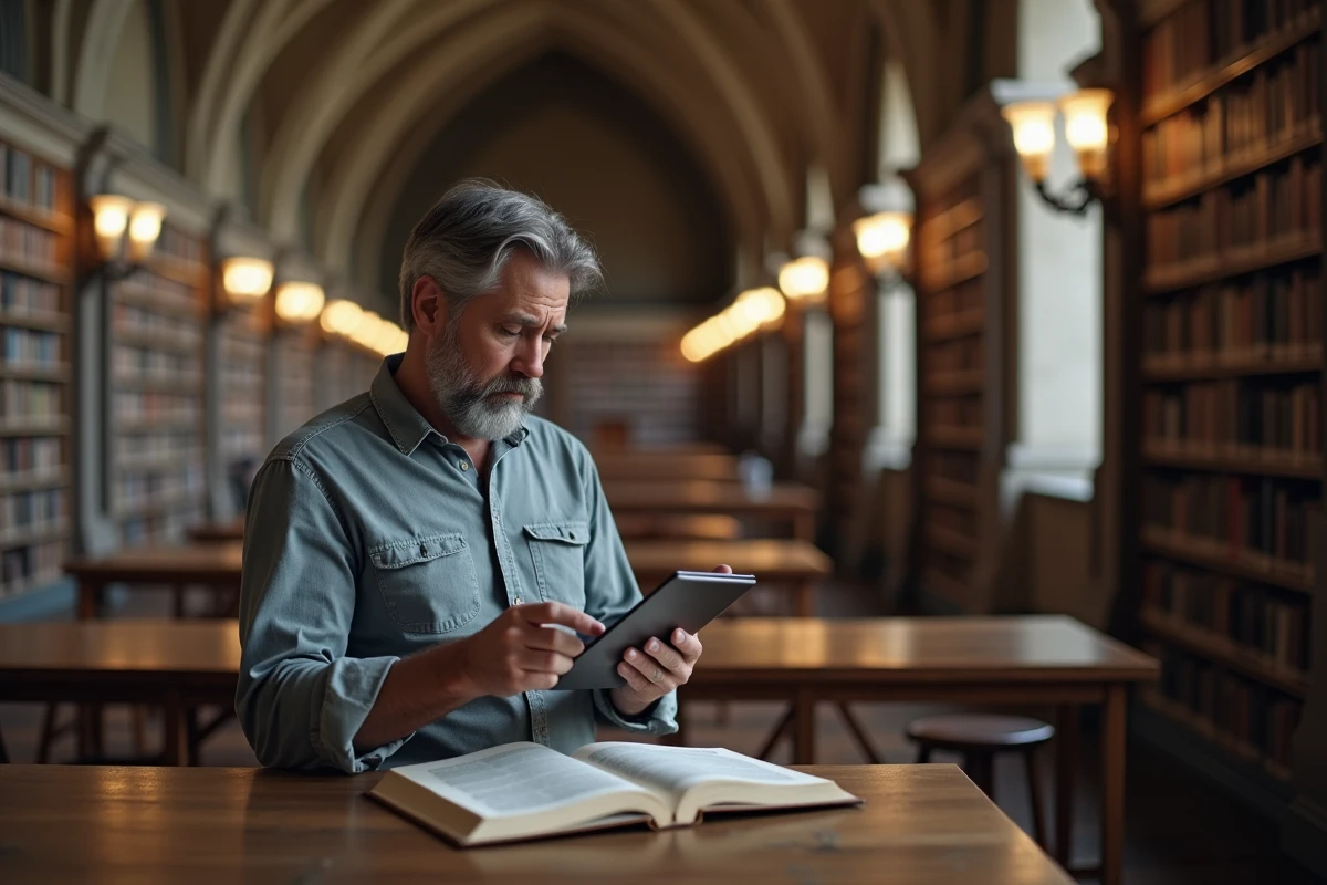 Homme comparant un article de blog avec un livre de référence dans une grande bibliothèque publique