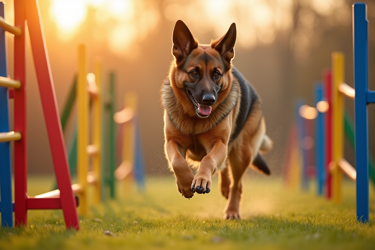 Chien berger allemand malinois sautant un obstacle lors d un parcours d agility en plein air