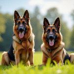 Chien berger allemand et malinois assis attentivement avec un expert dans un parc ensoleille