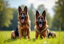 Chien berger allemand et malinois assis attentivement avec un expert dans un parc ensoleille
