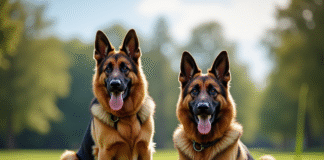 Chien berger allemand et malinois assis attentivement avec un expert dans un parc ensoleille
