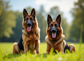 Chien berger allemand et malinois assis attentivement avec un expert dans un parc ensoleille