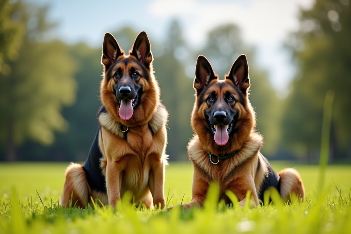 Chien berger allemand et malinois assis attentivement avec un expert dans un parc ensoleille