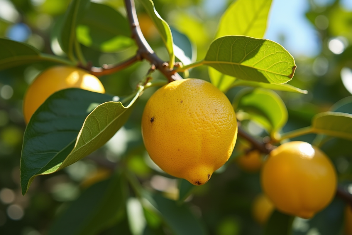 Citronnier bien taillé avec citrons mûrs en plein soleil
