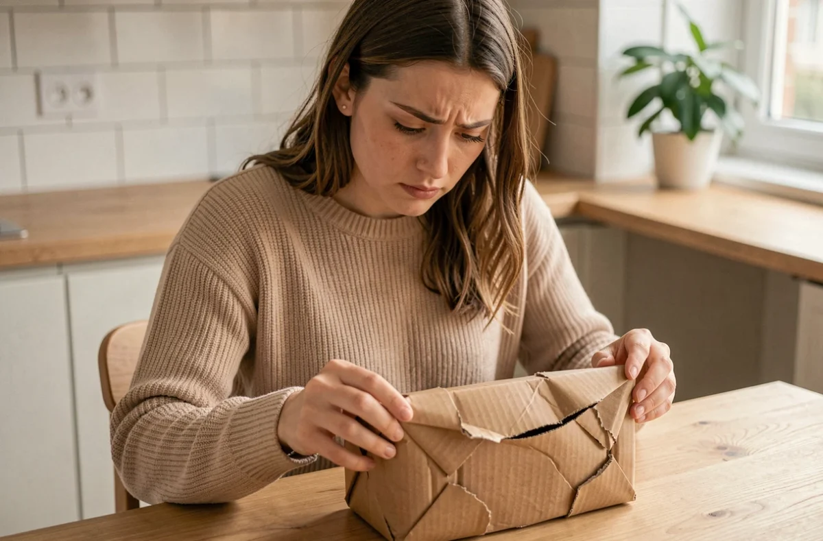 Jeune femme inspectant un colis endommagé reçu via un service de livraison, assise à une table en bois dans une cuisine moderne