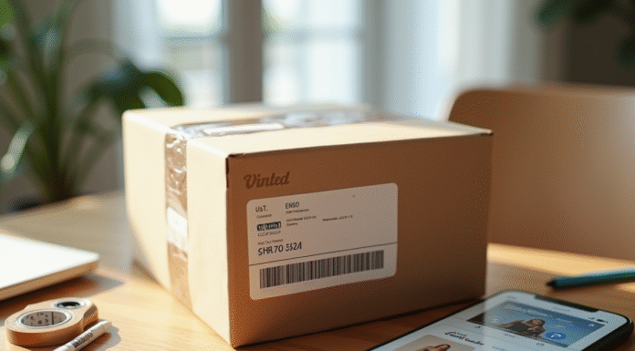 Colis emballé avec étiquette Vinted sur une table en bois