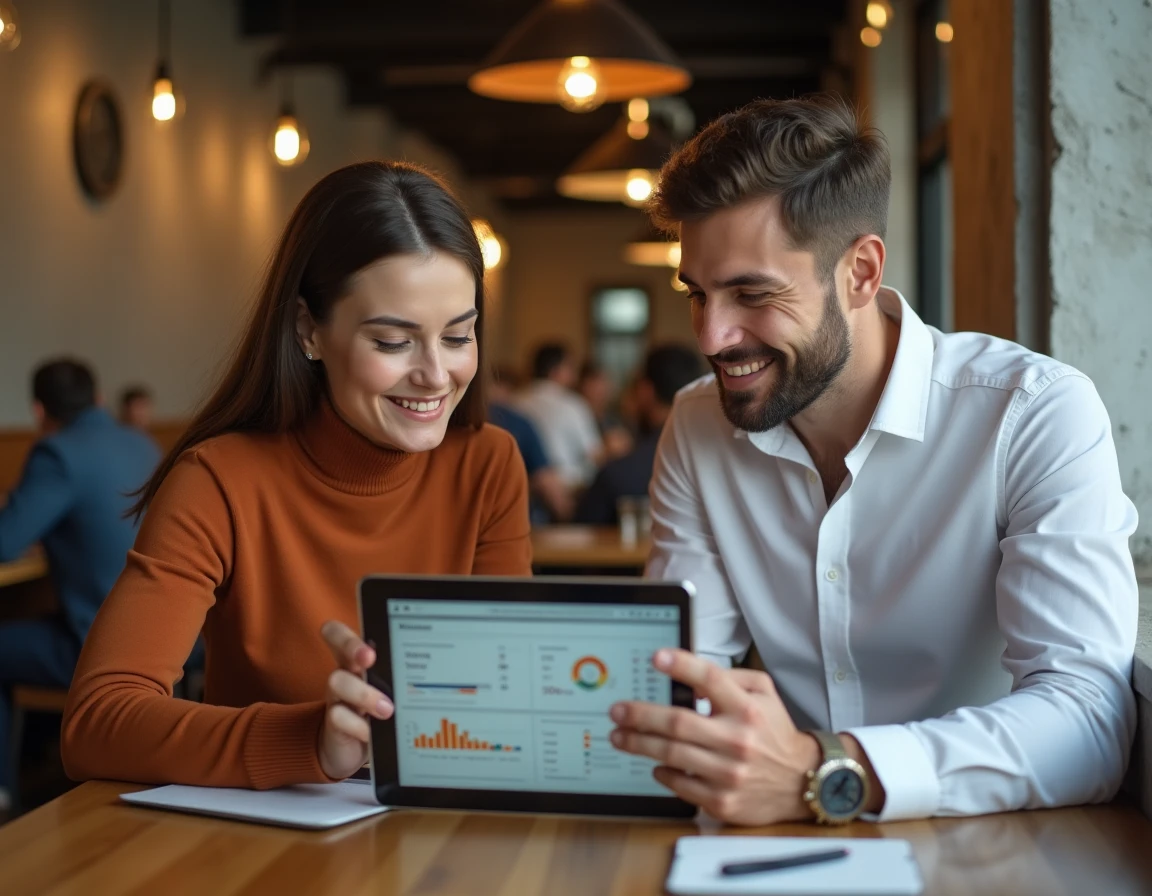 Deux professionnels du marketing analysant ensemble des pourcentages de ciblage de mots-clés sur une tablette dans un café