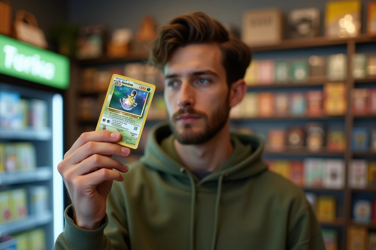 Collectionneur examinant une carte Pokémon holographique de la série Aventures Ensemble EV09 dans une boutique spécialisée