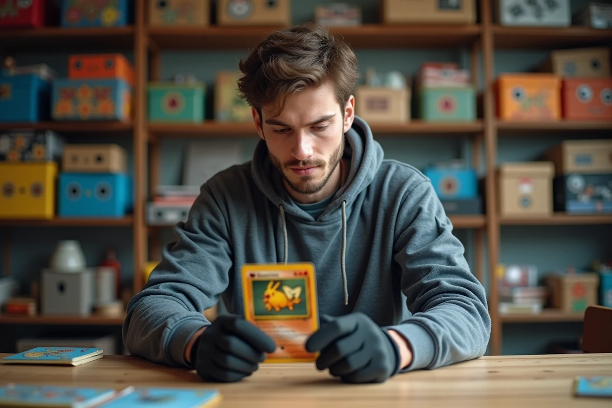 Jeune homme examinant une carte Pokémon rare avec concentration