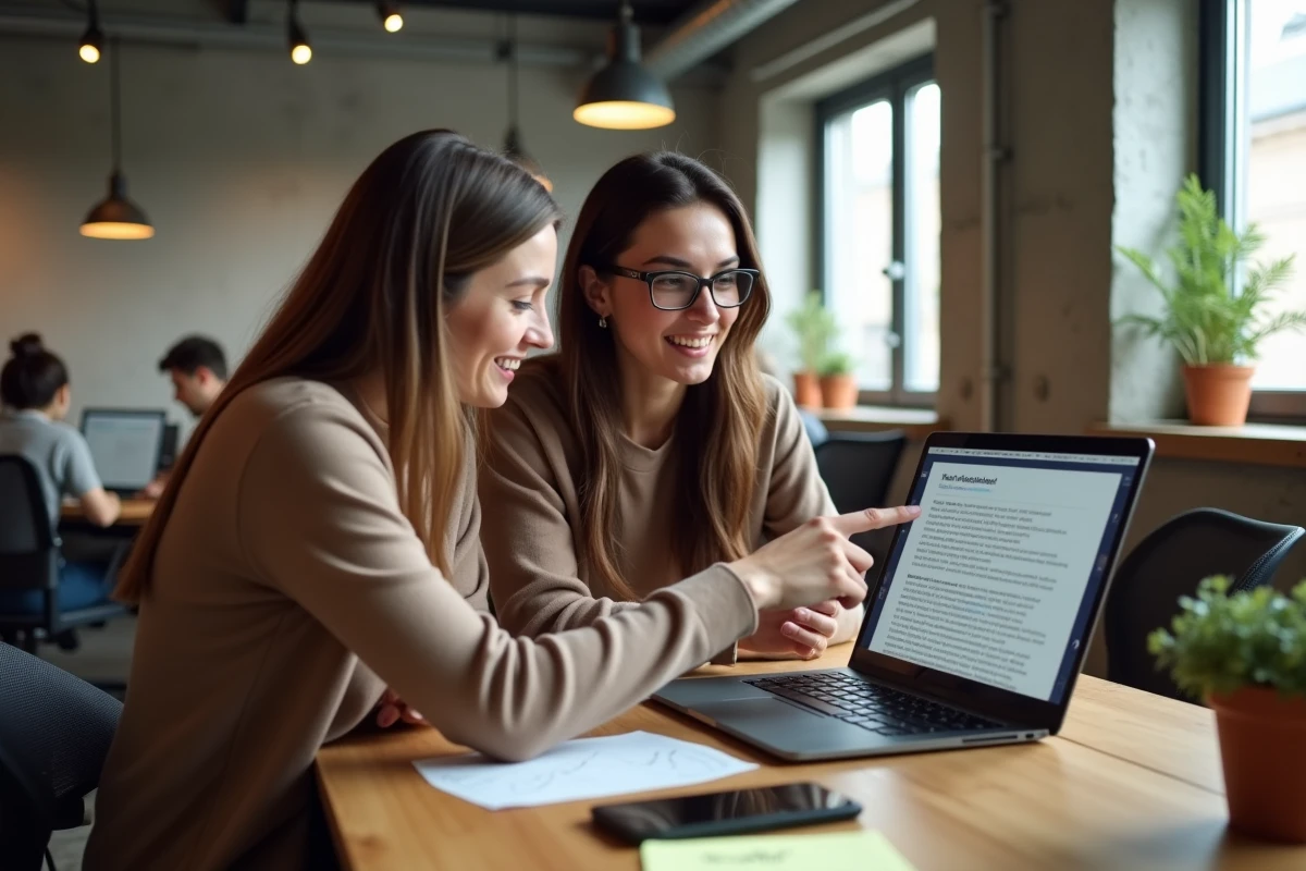Deux collègues analysant et vérifiant les sources d'un billet de blog ensemble dans un espace de coworking