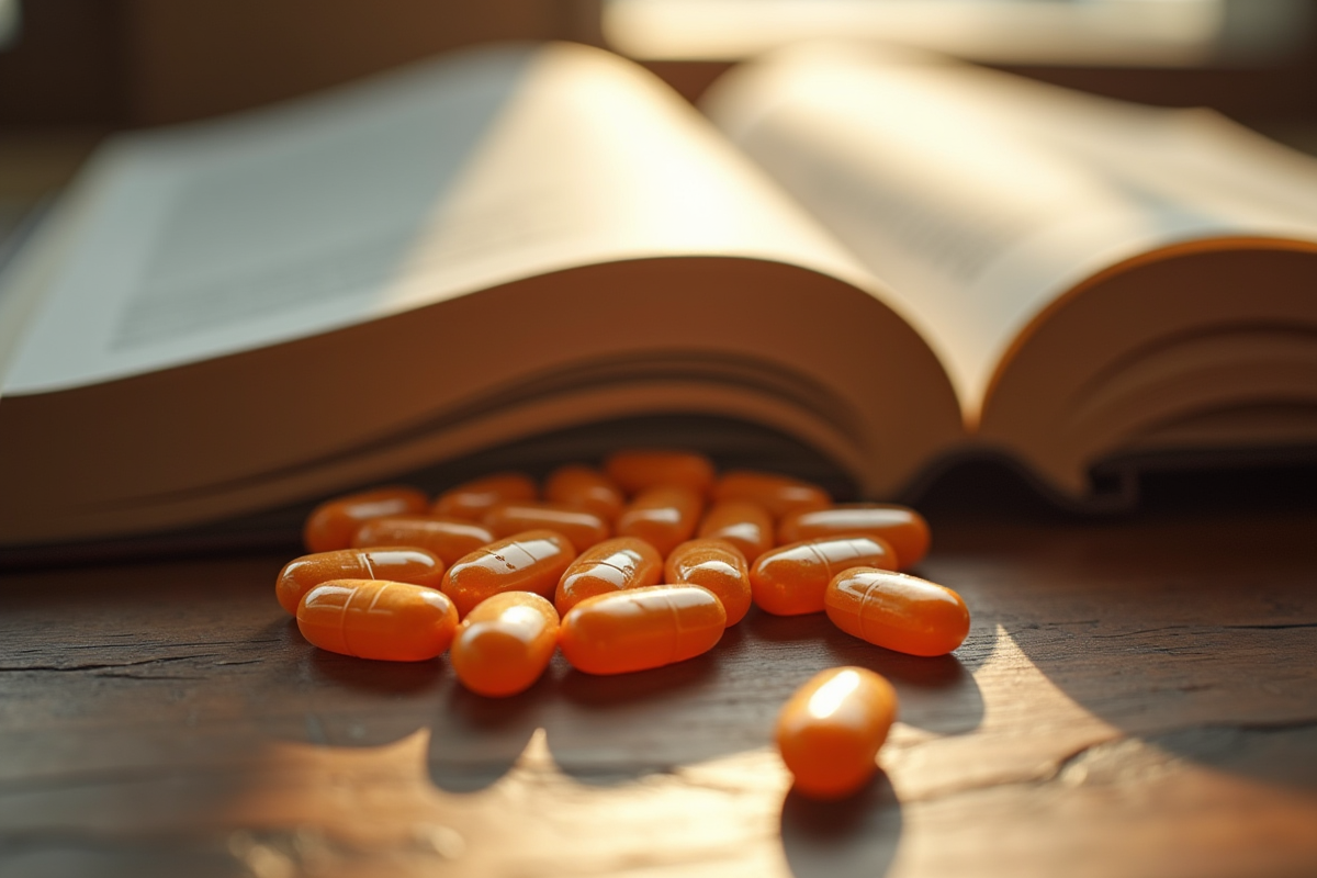 Comprimés de vitamine PP sur une table en bois avec livre de nutrition
