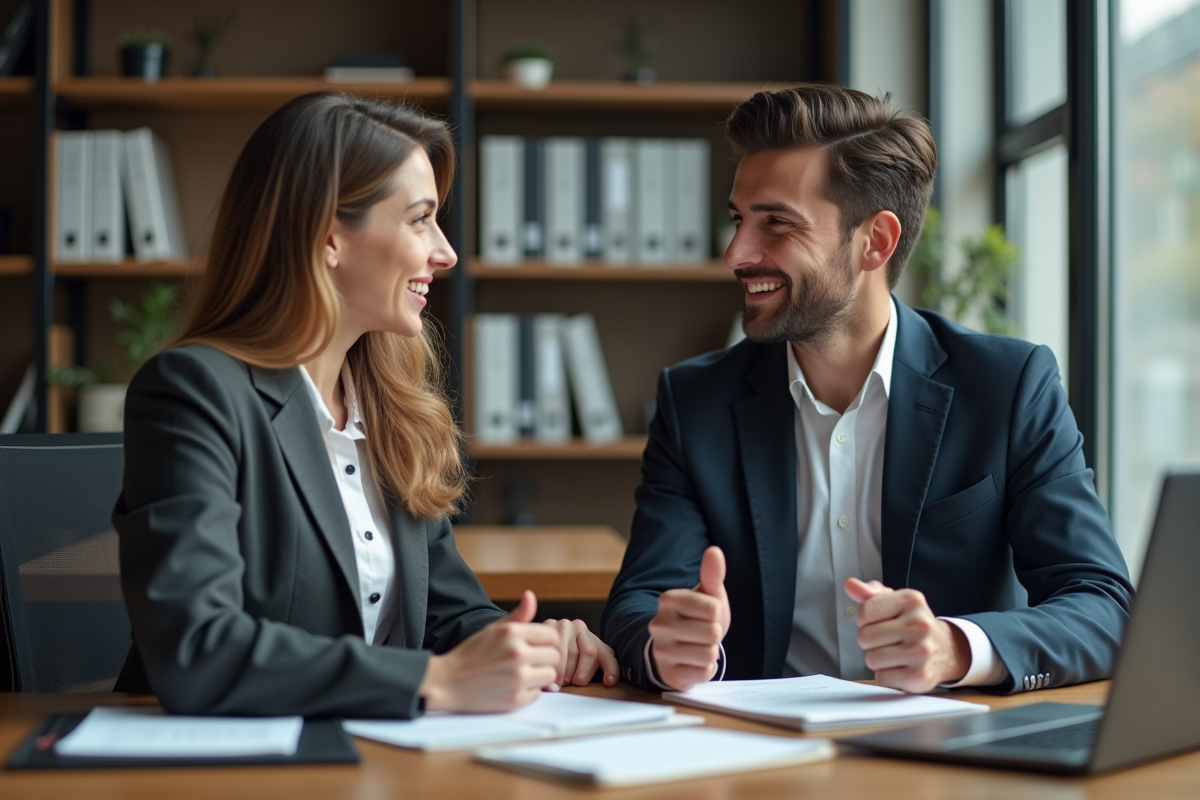 Manager RH conseillant un jeune collègue dans un bureau