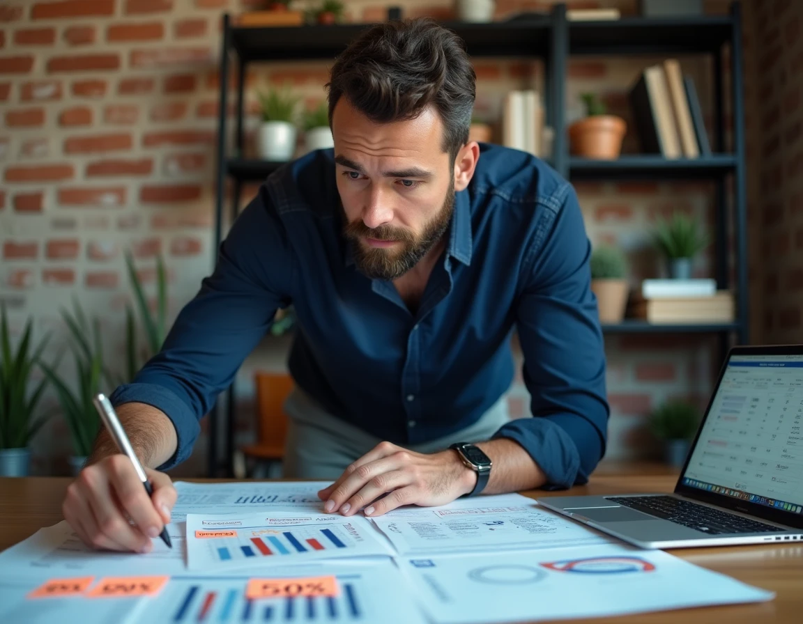 Homme consultant des rapports imprimés d'analyse de mots-clés et de pourcentages SEO dans un bureau à domicile