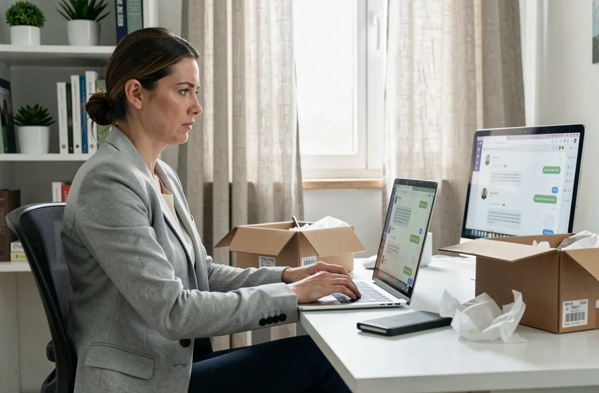 Femme contactant le service client en ligne depuis son bureau à domicile pour déclarer la perte ou la détérioration d'un colis Vinted Go