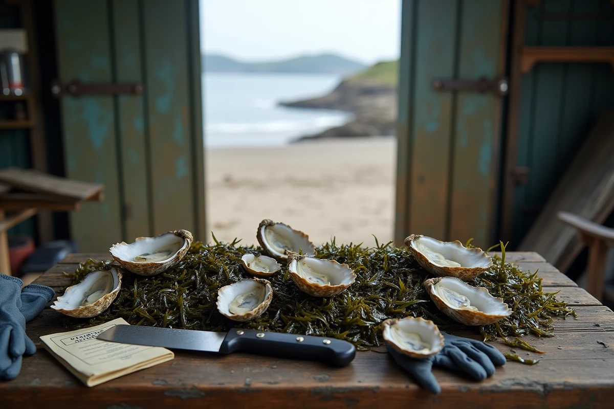 Coquillages fraîchement récoltés à pied posés sur une table en bois avec une table des marées et des gants près de la plage de Hendaye