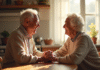 Couple âgé souriant dans la cuisine lumineuse