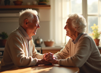 Comment faire durer son mariage après 34 ans ensemble ? Couple âgé souriant dans la cuisine lumineuse