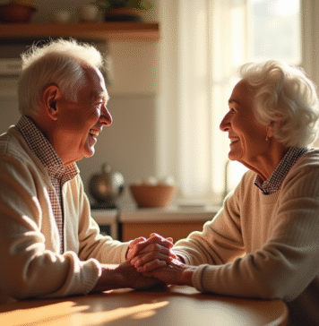 Couple âgé souriant dans la cuisine lumineuse