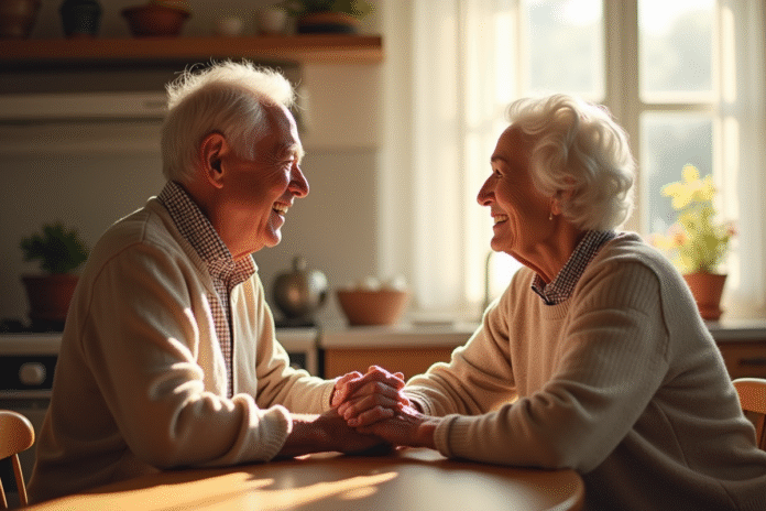 Couple âgé souriant dans la cuisine lumineuse