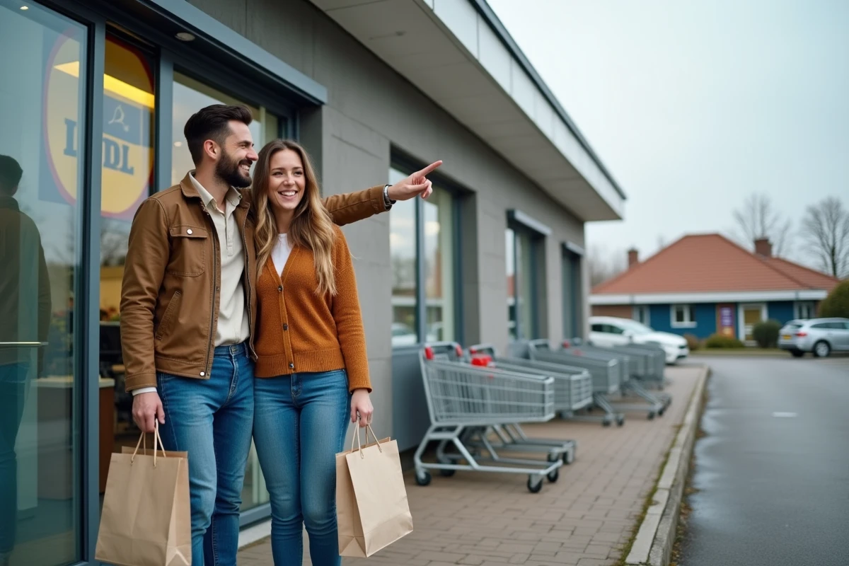 Couple souriant devant l'entrée d'un supermarché Lidl après l'avoir localisé