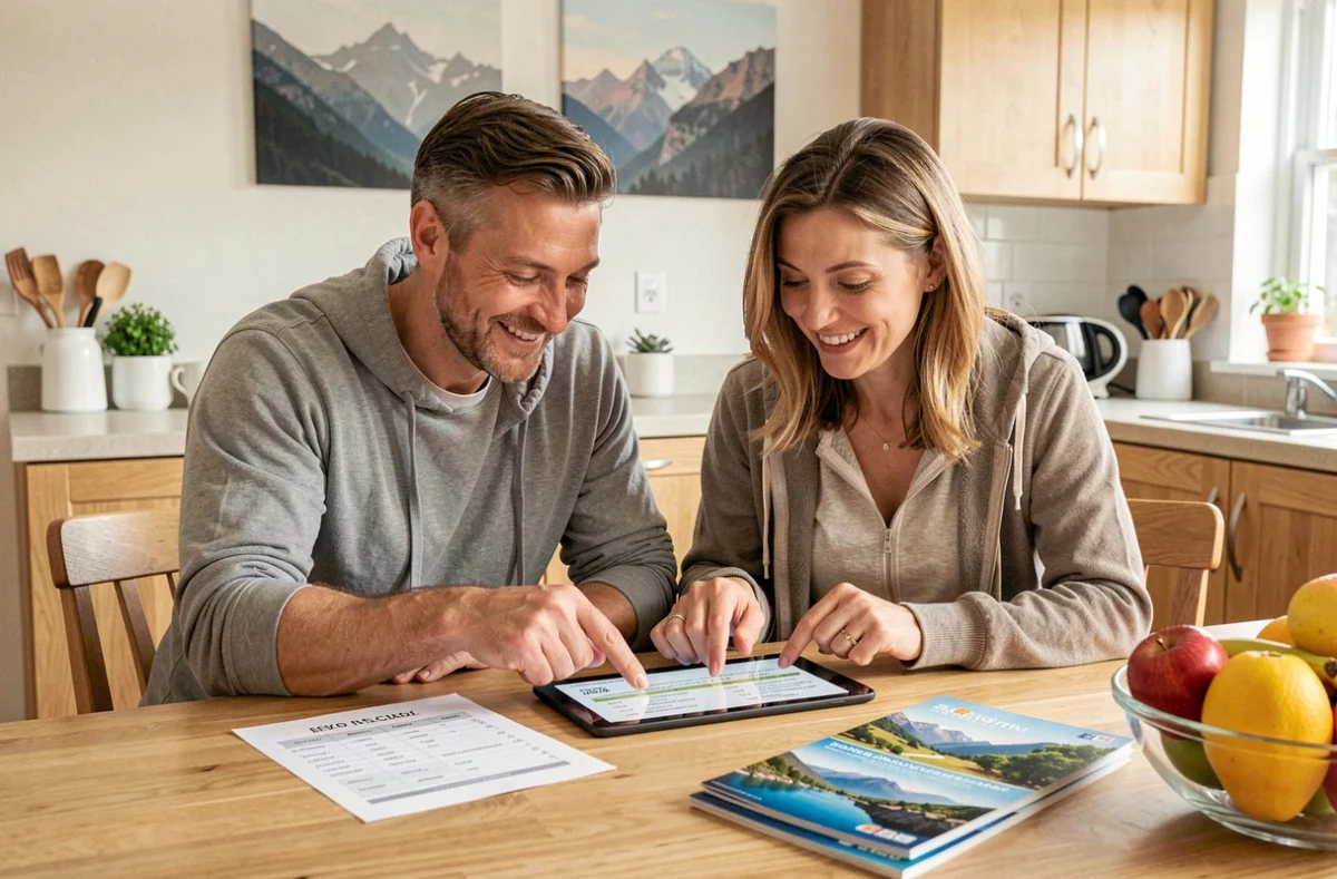 Couple planifiant un séjour en chalet en calculant les dates et le budget sur une tablette