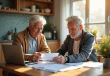 Couple senior examinant des documents financiers à la maison