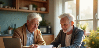 Couple senior examinant des documents financiers à la maison