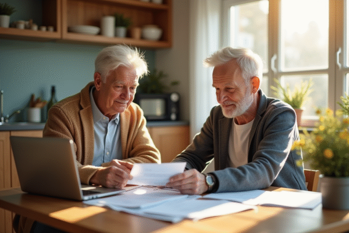 couple-seniors-finances-laptop Couple senior examinant des documents financiers à la maison