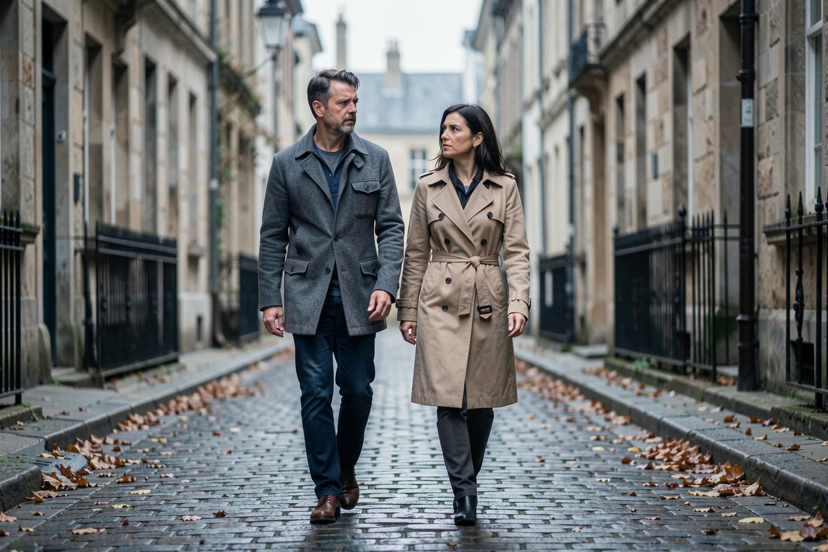 Couple marchant côte à côte dans une rue pavée avec une attitude distante, symbolisant les tensions dans un couple sous les feux des médias