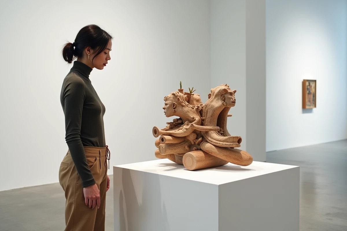 Curatrice examinant une sculpture contemporaine mêlant objets rituels et documents officiels dans une galerie d'art minimaliste
