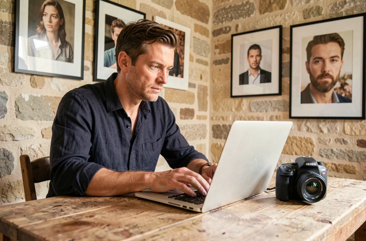 David Auget photographe professionnel consultant ses photos sur ordinateur dans son studio en pierres de Caen