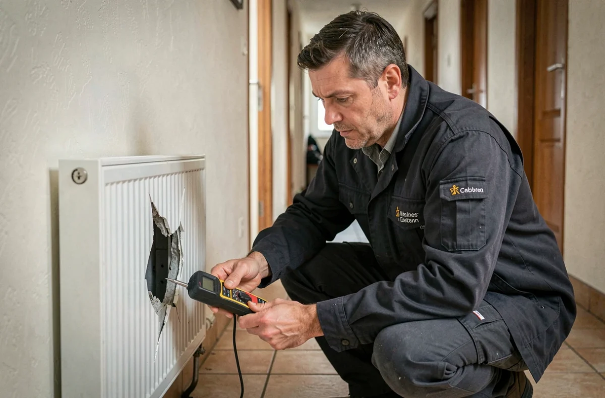Un technicien réalisant un dépannage chauffage en urgence dans un couloir d'appartement rennais, radiateur ouvert et multimètre en main