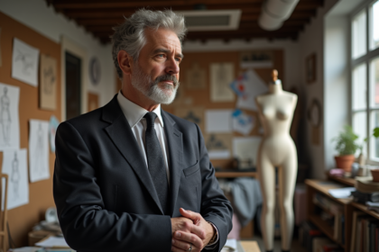 Designer de mode homme en studio avec croquis et mannequins