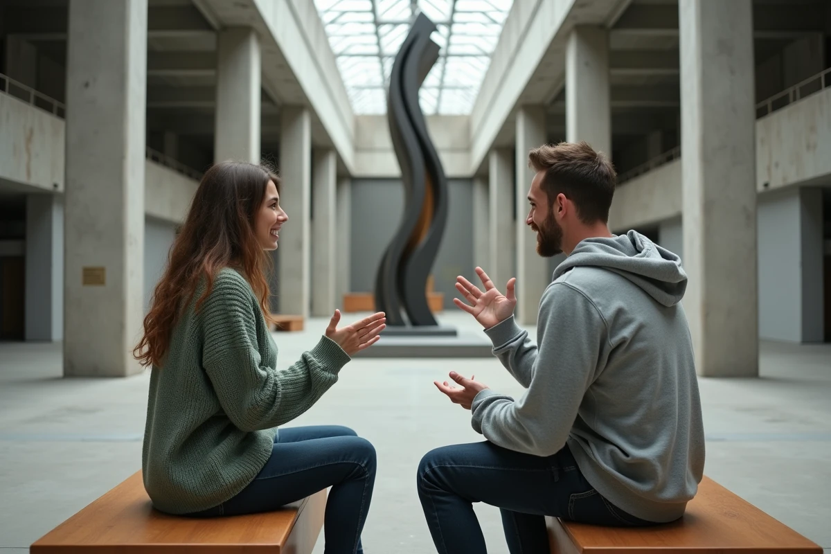 Deux personnes en discussion philosophique sur la définition d'une œuvre d'art face à une sculpture abstraite dans un centre d'art contemporain