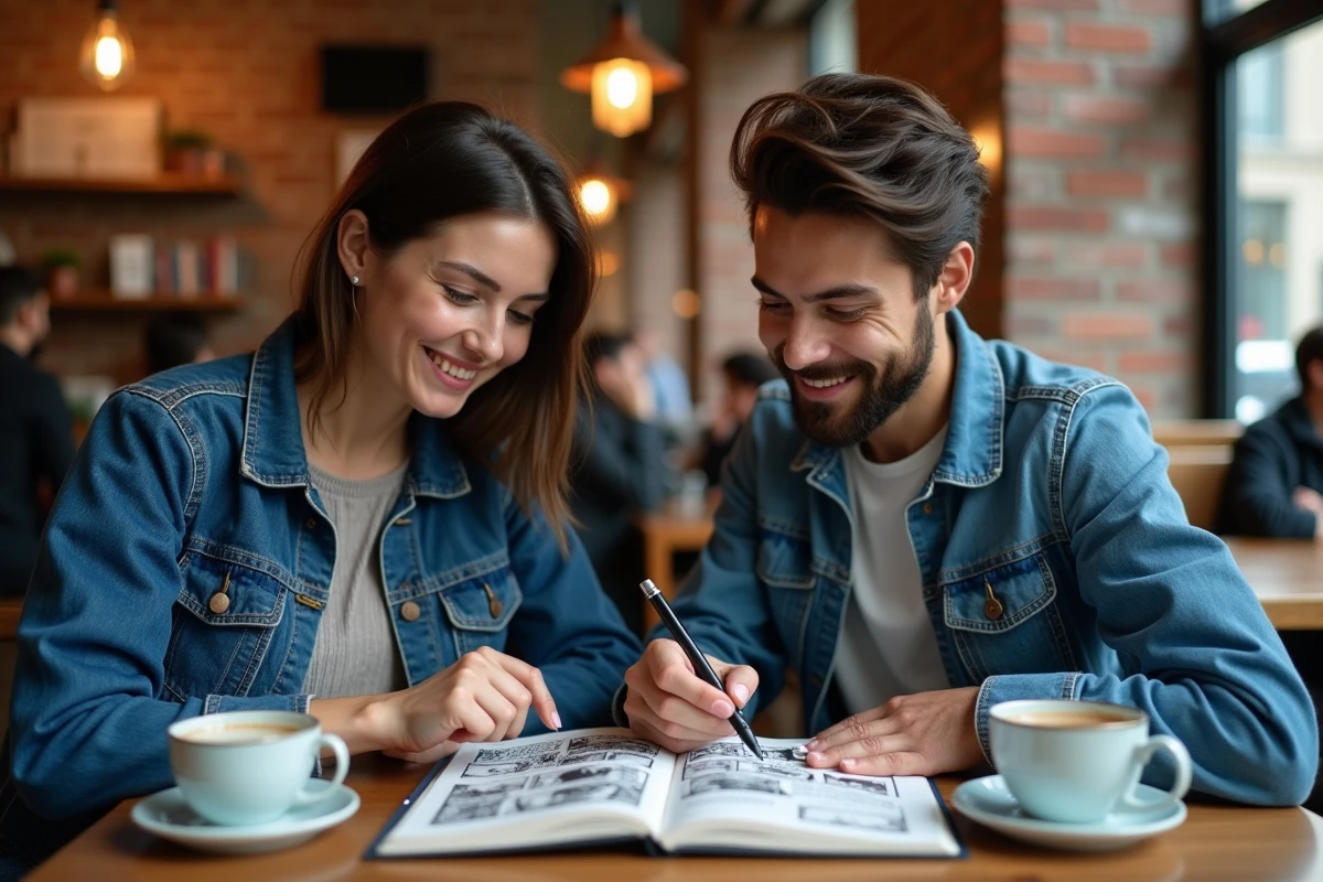 Deux amis discutant du suivi de l'arc Egghead de One Piece autour d'une tablette et d'un planning dans un café