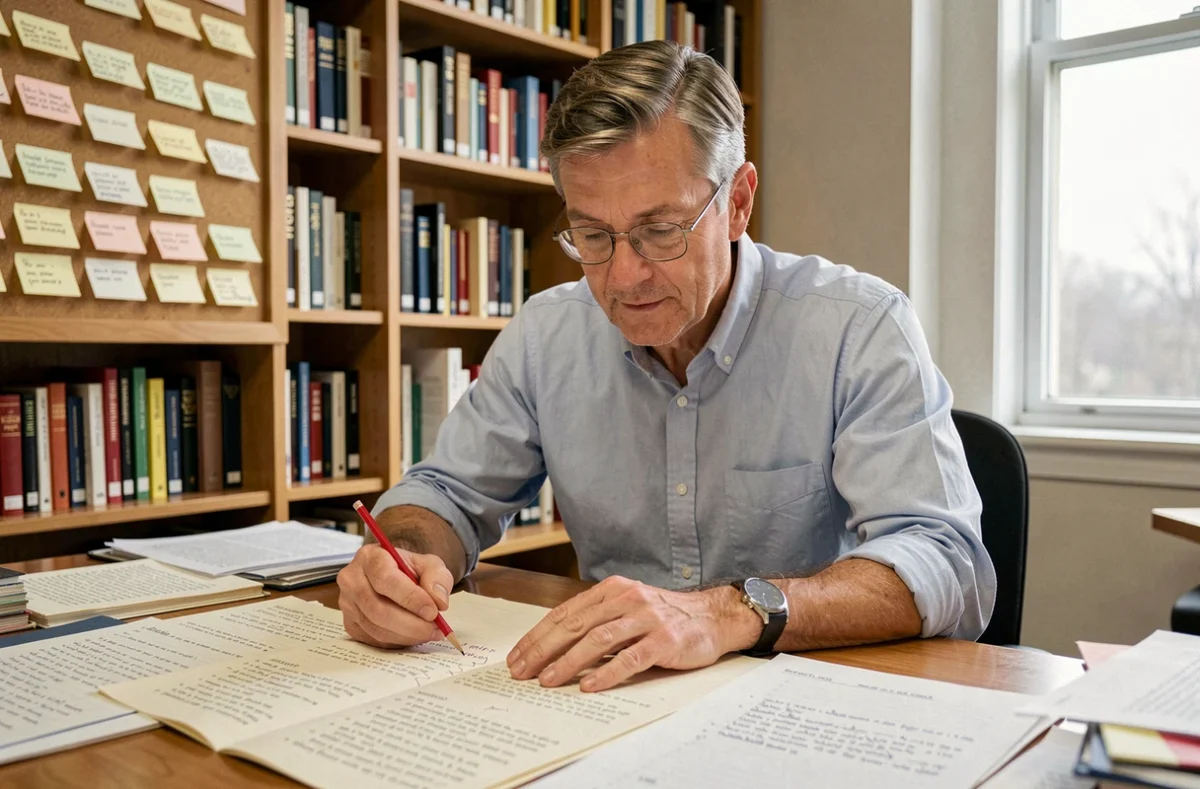 Dramaturge annotant une didascalie sur un script de théâtre dans son bureau universitaire