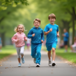 Meilleur âge pour commencer une activité physique : 5, 10, 15 ? À quel âge débuter ? Trois enfants de différents ages en jogging dans un parc ensoleille