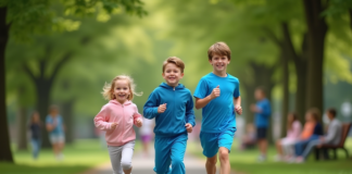 Meilleur âge pour commencer une activité physique : 5, 10, 15 ? À quel âge débuter ? Trois enfants de différents ages en jogging dans un parc ensoleille