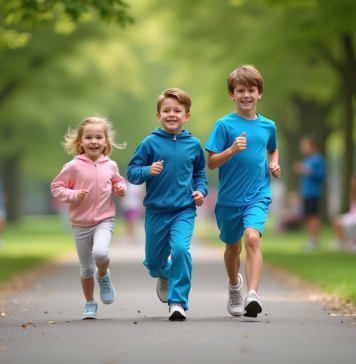 Meilleur âge pour commencer une activité physique : 5, 10, 15 ? À quel âge débuter ? Trois enfants de différents ages en jogging dans un parc ensoleille
