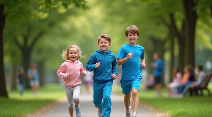 Meilleur âge pour commencer une activité physique : 5, 10, 15 ? À quel âge débuter ? Trois enfants de différents ages en jogging dans un parc ensoleille