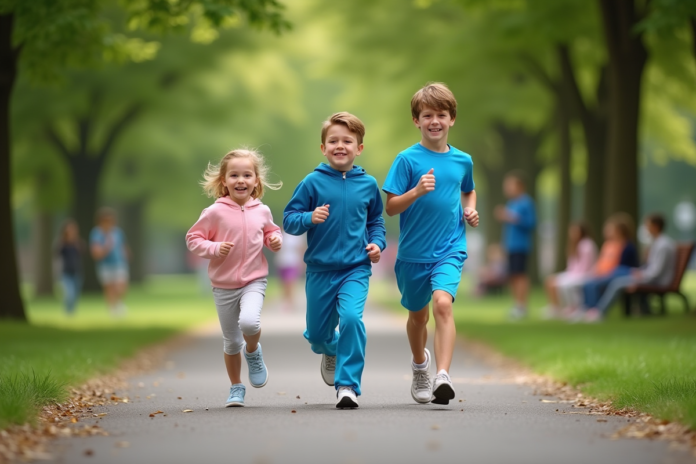 enfants-sport-park Trois enfants de différents ages en jogging dans un parc ensoleille