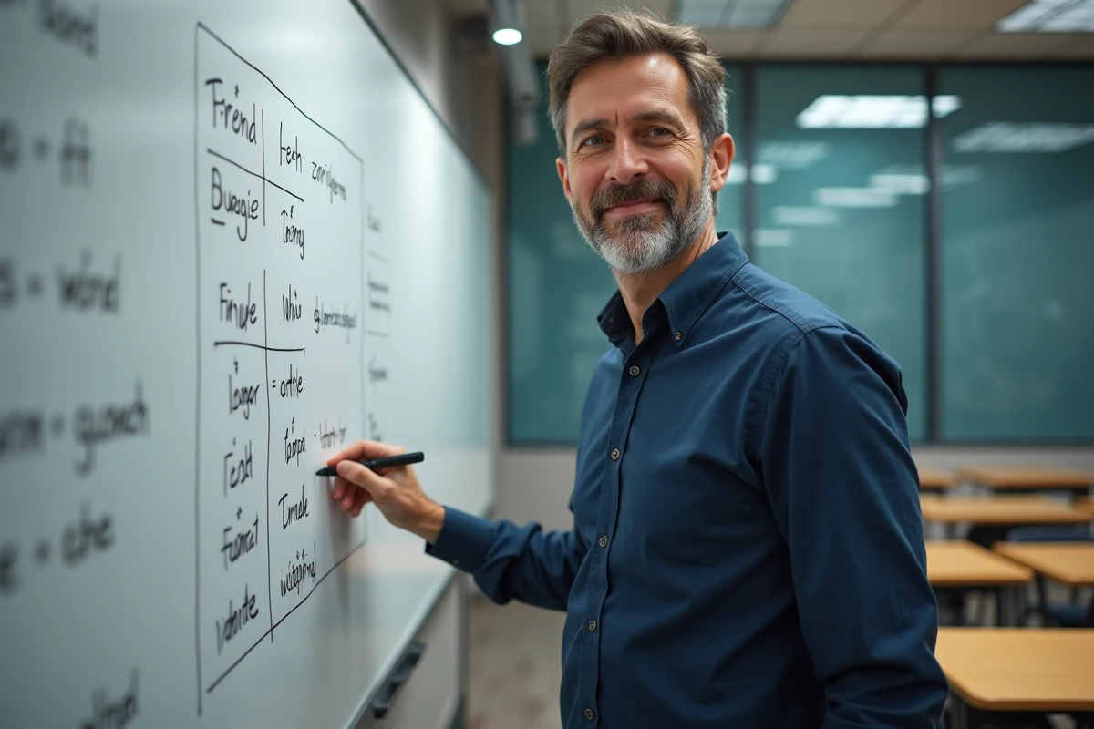 Enseignant expliquant la conjugaison du verbe jouir sur un tableau blanc en salle de classe de français