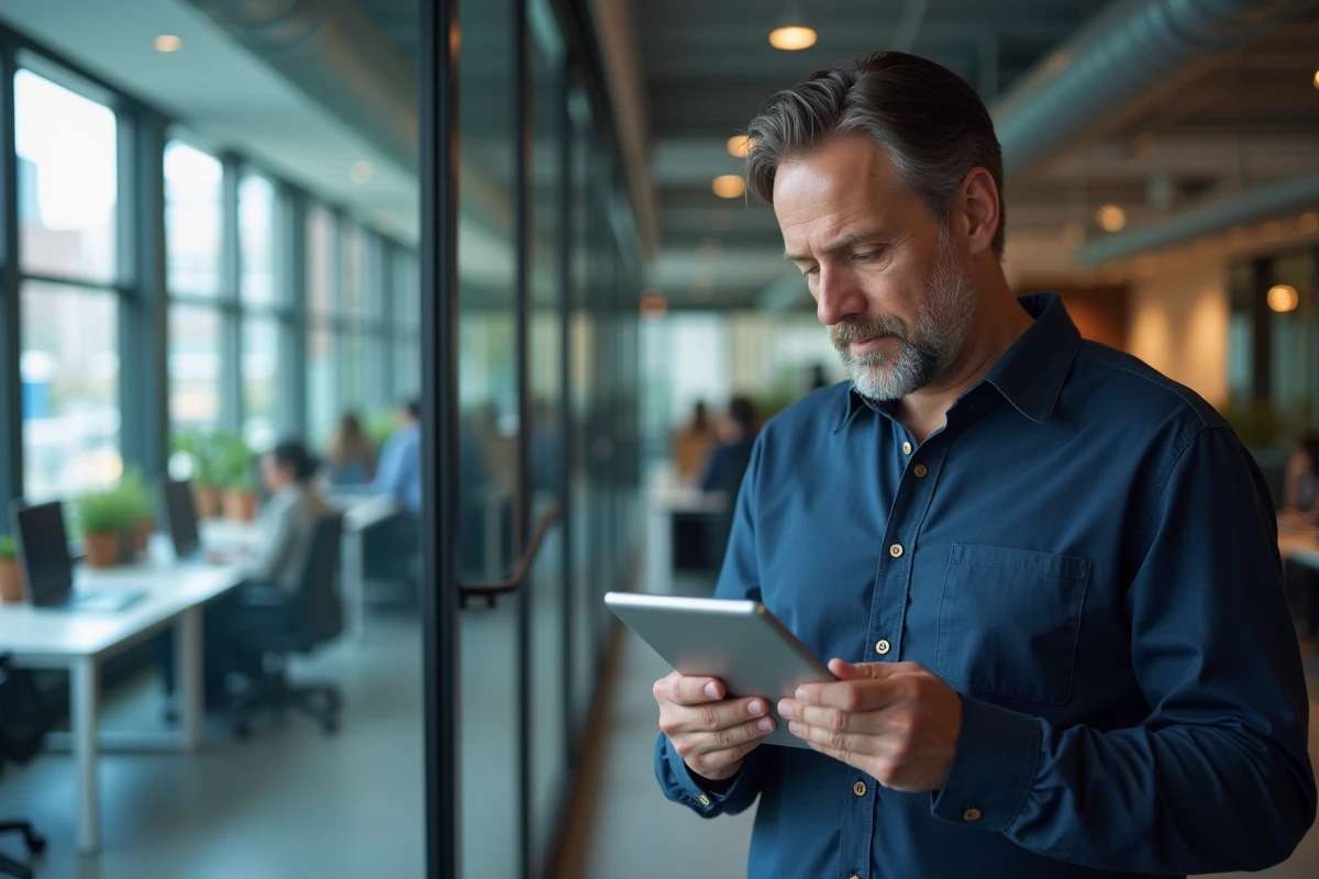 Homme consultant ses scans de documents sur mobile dans un open space professionnel avec Epsilon scan.to
