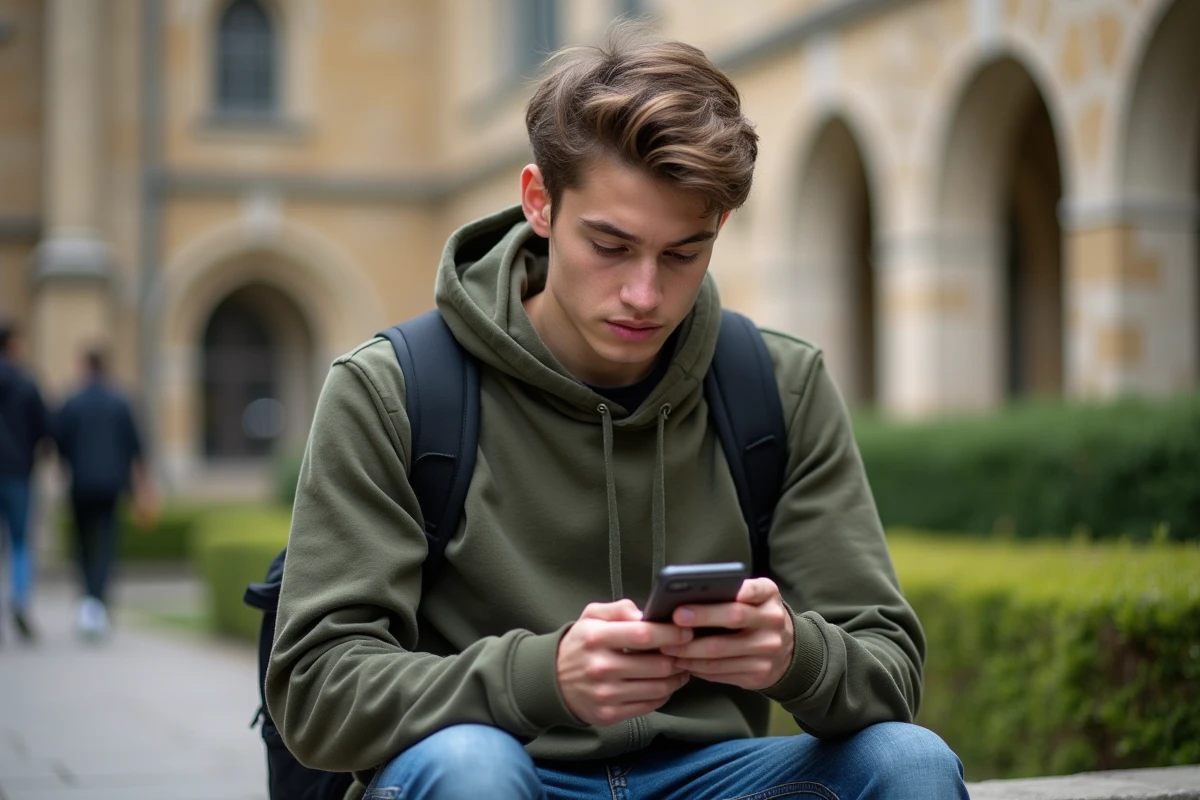 Étudiant lisant ses documents scannés sur smartphone en extérieur sur un campus universitaire grâce à Epsilon scan.to